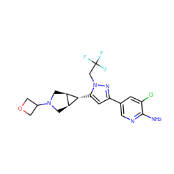 Nc1ncc(-c2cc([C@@H]3[C@H]4CN(C5COC5)C[C@H]43)n(CC(F)(F)F)n2)cc1Cl ZINC000148089451