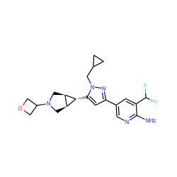 Nc1ncc(-c2cc([C@@H]3[C@H]4CN(C5COC5)C[C@H]43)n(CC3CC3)n2)cc1C(F)F ZINC000148102158