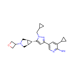 Nc1ncc(-c2cc([C@@H]3[C@H]4CN(C5COC5)C[C@H]43)n(CC3CC3)n2)cc1C1CC1 ZINC000148083179