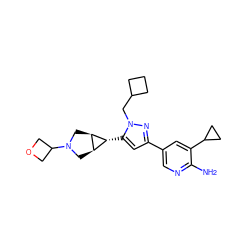 Nc1ncc(-c2cc([C@@H]3[C@H]4CN(C5COC5)C[C@H]43)n(CC3CCC3)n2)cc1C1CC1 ZINC000653670671