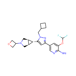 Nc1ncc(-c2cc([C@@H]3[C@H]4CN(C5COC5)C[C@H]43)n(CC3CCC3)n2)cc1OC(F)F ZINC000653670655