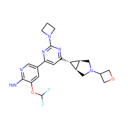 Nc1ncc(-c2cc([C@@H]3[C@H]4CN(C5COC5)C[C@H]43)nc(N3CCC3)n2)cc1OC(F)F ZINC000653681023