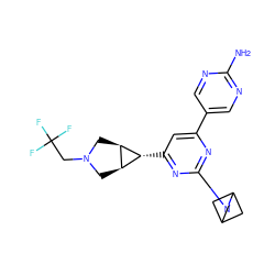 Nc1ncc(-c2cc([C@@H]3[C@H]4CN(CC(F)(F)F)C[C@H]43)nc(N3CC4CC3C4)n2)cn1 ZINC000653767404