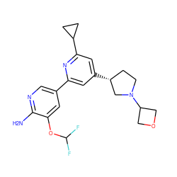 Nc1ncc(-c2cc([C@@H]3CCN(C4COC4)C3)cc(C3CC3)n2)cc1OC(F)F ZINC000653686250