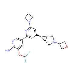 Nc1ncc(-c2cc([C@H]3[C@@H]4CN(C5COC5)C[C@@H]43)cc(N3CCC3)n2)cc1OC(F)F ZINC000653758363