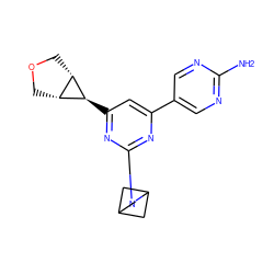 Nc1ncc(-c2cc([C@H]3[C@@H]4COC[C@@H]43)nc(N3CC4CC3C4)n2)cn1 ZINC000653767528