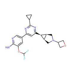 Nc1ncc(-c2cc([C@H]3[C@H]4CN(C5COC5)C[C@H]43)nc(C3CC3)n2)cc1OC(F)F ZINC000653752962