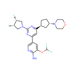 Nc1ncc(-c2cc([C@H]3CC[C@H](N4CCOCC4)C3)nc(N3C[C@H](F)[C@H](F)C3)n2)cc1OC(F)F ZINC000653664342