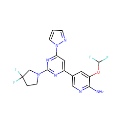 Nc1ncc(-c2cc(-n3cccn3)nc(N3CCC(F)(F)C3)n2)cc1OC(F)F ZINC000653778414