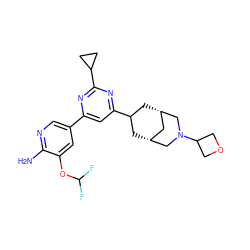 Nc1ncc(-c2cc(C3C[C@@H]4C[C@H](C3)CN(C3COC3)C4)nc(C3CC3)n2)cc1OC(F)F ZINC000653665755