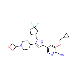 Nc1ncc(-c2cc(C3CCN(C4COC4)CC3)n([C@@H]3CCC(F)(F)C3)n2)cc1OCC1CC1 ZINC000146508022