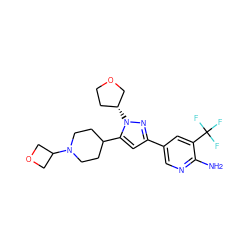 Nc1ncc(-c2cc(C3CCN(C4COC4)CC3)n([C@@H]3CCOC3)n2)cc1C(F)(F)F ZINC000146438489