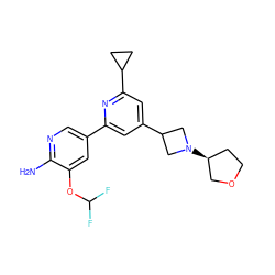 Nc1ncc(-c2cc(C3CN([C@H]4CCOC4)C3)cc(C3CC3)n2)cc1OC(F)F ZINC000653680451