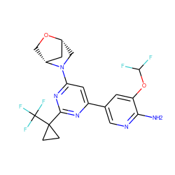 Nc1ncc(-c2cc(N3C[C@@H]4C[C@H]3CO4)nc(C3(C(F)(F)F)CC3)n2)cc1OC(F)F ZINC000653680459