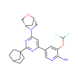 Nc1ncc(-c2cc(N3C[C@@H]4C[C@H]3CO4)nc(C34CCC(CC3)C4)n2)cc1OC(F)F ZINC000653686444