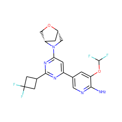 Nc1ncc(-c2cc(N3C[C@@H]4C[C@H]3CO4)nc(C3CC(F)(F)C3)n2)cc1OC(F)F ZINC000653667719