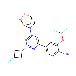 Nc1ncc(-c2cc(N3C[C@@H]4C[C@H]3CO4)nc(C3CC(F)C3)n2)cc1OC(F)F ZINC000653769215