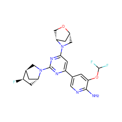 Nc1ncc(-c2cc(N3C[C@@H]4C[C@H]3CO4)nc(N3C[C@H]4C[C@H]3C[C@H]4F)n2)cc1OC(F)F ZINC000653665386