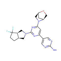 Nc1ncc(-c2cc(N3C[C@@H]4C[C@H]3CO4)nc(N3C[C@H]4CCC(F)(F)[C@H]4C3)n2)cn1 ZINC000221175259