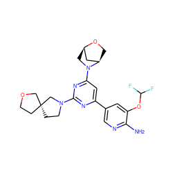 Nc1ncc(-c2cc(N3C[C@@H]4C[C@H]3CO4)nc(N3CC[C@@]4(CCOC4)C3)n2)cc1OC(F)F ZINC000653671294