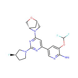 Nc1ncc(-c2cc(N3C[C@@H]4C[C@H]3CO4)nc(N3CC[C@@H](F)C3)n2)cc1OC(F)F ZINC000653670134