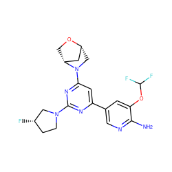 Nc1ncc(-c2cc(N3C[C@@H]4C[C@H]3CO4)nc(N3CC[C@H](F)C3)n2)cc1OC(F)F ZINC000653671211