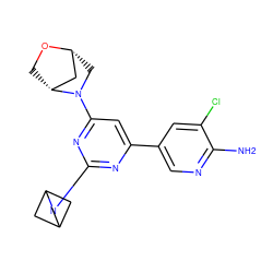 Nc1ncc(-c2cc(N3C[C@@H]4C[C@H]3CO4)nc(N3CC4CC3C4)n2)cc1Cl ZINC000221257494