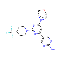 Nc1ncc(-c2cc(N3C[C@@H]4C[C@H]3CO4)nc(N3CCC(C(F)(F)F)CC3)n2)cn1 ZINC000221203733