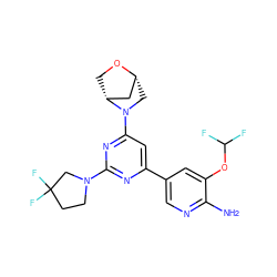 Nc1ncc(-c2cc(N3C[C@@H]4C[C@H]3CO4)nc(N3CCC(F)(F)C3)n2)cc1OC(F)F ZINC000220774924