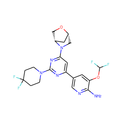 Nc1ncc(-c2cc(N3C[C@@H]4C[C@H]3CO4)nc(N3CCC(F)(F)CC3)n2)cc1OC(F)F ZINC000653685077