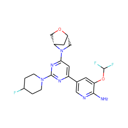 Nc1ncc(-c2cc(N3C[C@@H]4C[C@H]3CO4)nc(N3CCC(F)CC3)n2)cc1OC(F)F ZINC000653684989