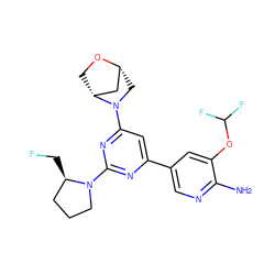 Nc1ncc(-c2cc(N3C[C@@H]4C[C@H]3CO4)nc(N3CCC[C@H]3CF)n2)cc1OC(F)F ZINC000653778422