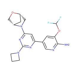 Nc1ncc(-c2cc(N3C[C@@H]4C[C@H]3CO4)nc(N3CCC3)n2)cc1OC(F)F ZINC000221344131