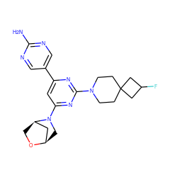 Nc1ncc(-c2cc(N3C[C@@H]4C[C@H]3CO4)nc(N3CCC4(CC3)CC(F)C4)n2)cn1 ZINC000221376342