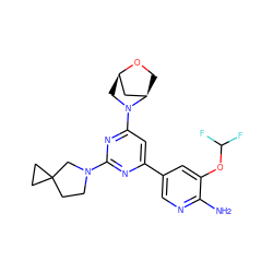 Nc1ncc(-c2cc(N3C[C@@H]4C[C@H]3CO4)nc(N3CCC4(CC4)C3)n2)cc1OC(F)F ZINC000653685028