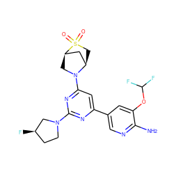 Nc1ncc(-c2cc(N3C[C@@H]4C[C@H]3CS4(=O)=O)nc(N3CC[C@@H](F)C3)n2)cc1OC(F)F ZINC000653663060