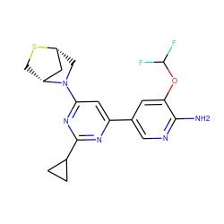 Nc1ncc(-c2cc(N3C[C@@H]4C[C@H]3CS4)nc(C3CC3)n2)cc1OC(F)F ZINC000653778413