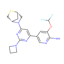 Nc1ncc(-c2cc(N3C[C@@H]4C[C@H]3CS4)nc(N3CCC3)n2)cc1OC(F)F ZINC000653667738