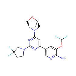 Nc1ncc(-c2cc(N3C[C@H]4C[C@@H]3CO4)nc(N3CCC(F)(F)C3)n2)cc1OC(F)F ZINC000653667748