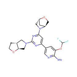 Nc1ncc(-c2cc(N3C[C@H]4C[C@H]3CO4)nc(N3C[C@H]4OCC[C@@H]4C3)n2)cc1OC(F)F ZINC000653666588