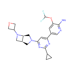 Nc1ncc(-c2cc(N3C[C@H]4CN(C5COC5)[C@H]4C3)nc(C3CC3)n2)cc1OC(F)F ZINC000653678249