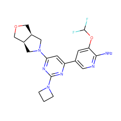 Nc1ncc(-c2cc(N3C[C@H]4COC[C@H]4C3)nc(N3CCC3)n2)cc1OC(F)F ZINC000653758391