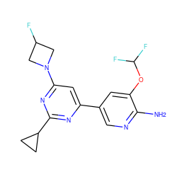 Nc1ncc(-c2cc(N3CC(F)C3)nc(C3CC3)n2)cc1OC(F)F ZINC000653769226