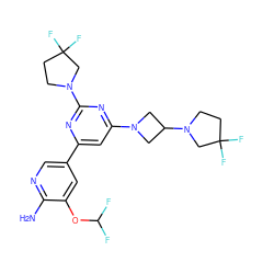 Nc1ncc(-c2cc(N3CC(N4CCC(F)(F)C4)C3)nc(N3CCC(F)(F)C3)n2)cc1OC(F)F ZINC000653769243