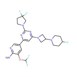 Nc1ncc(-c2cc(N3CC(N4CCC(F)CC4)C3)nc(N3CCC(F)(F)C3)n2)cc1OC(F)F ZINC000653753027