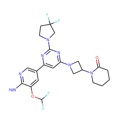 Nc1ncc(-c2cc(N3CC(N4CCCCC4=O)C3)nc(N3CCC(F)(F)C3)n2)cc1OC(F)F ZINC000653686481