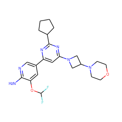 Nc1ncc(-c2cc(N3CC(N4CCOCC4)C3)nc(C3CCCC3)n2)cc1OC(F)F ZINC000653751514