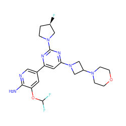 Nc1ncc(-c2cc(N3CC(N4CCOCC4)C3)nc(N3CC[C@@H](F)C3)n2)cc1OC(F)F ZINC000653773188