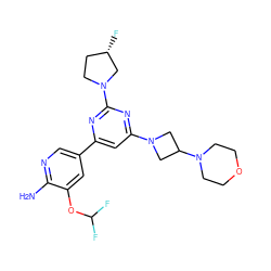 Nc1ncc(-c2cc(N3CC(N4CCOCC4)C3)nc(N3CC[C@H](F)C3)n2)cc1OC(F)F ZINC000653760075