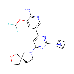 Nc1ncc(-c2cc(N3CC[C@]4(CCOC4)C3)nc(N3CC4CC3C4)n2)cc1OC(F)F ZINC000653667583